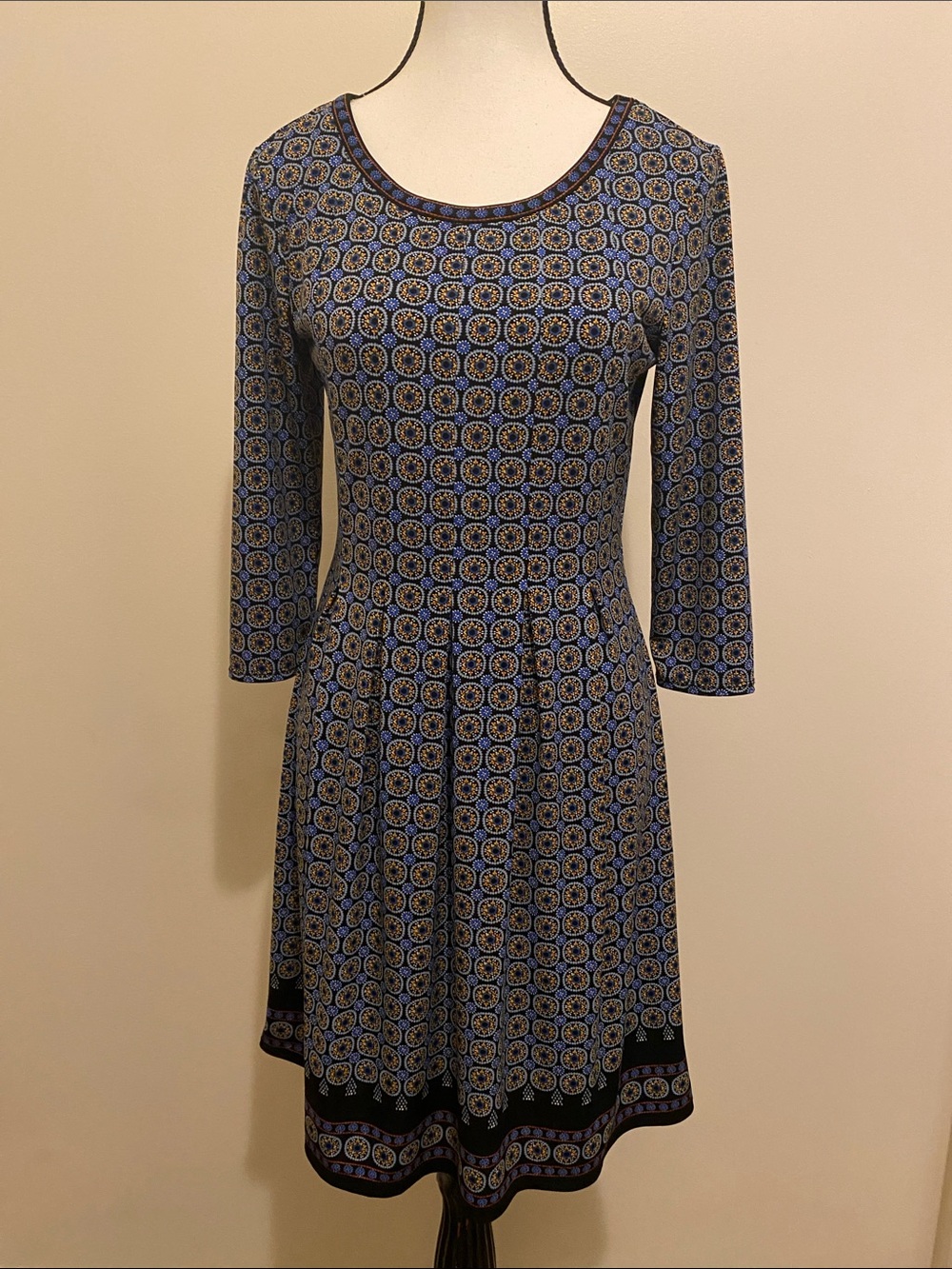 Max Studio Blue and Black 3/4 length Sleeve Fit & Flare Dress.